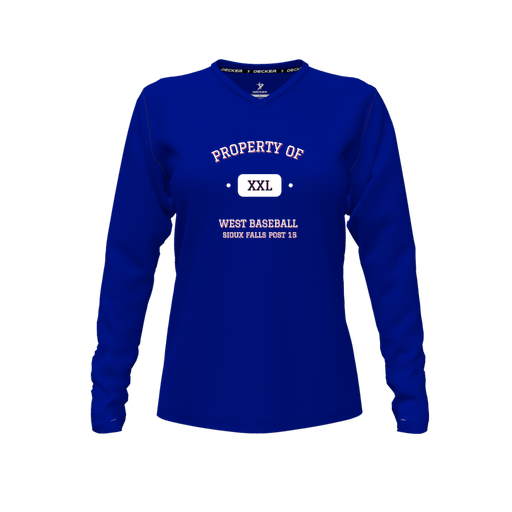 [CUS-DFW-TEES-PER-VNK-LSL-RYL-FYXS-LOGO2] Decker Performance T-Shirt (Female Youth XS, Royal, V Neck, Logo 2, Long Sleeve)