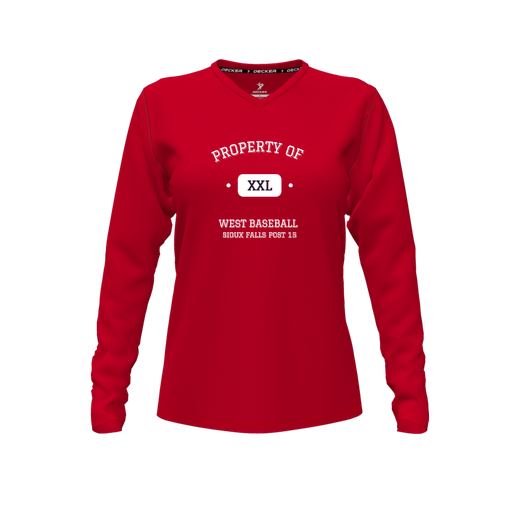 [CUS-DFW-TEES-PER-VNK-LSL-RED-FYXS-LOGO2] Decker Performance T-Shirt (Female Youth XS, Red, V Neck, Logo 2, Long Sleeve)